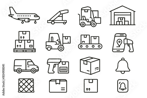 Package vector cargo smartphone ramp air net pallet barcode icon airplane