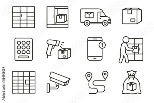 Security up parcel icons vector map picking delivery management keypad locker smartphone