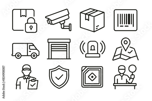 Icon sealed rfid shipment vector clipboard gps package courier icons camera security