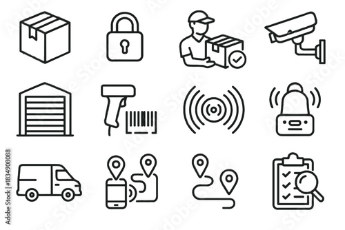 Camera device delivery parcel padlock checklist secure icon shipment tag icons vector