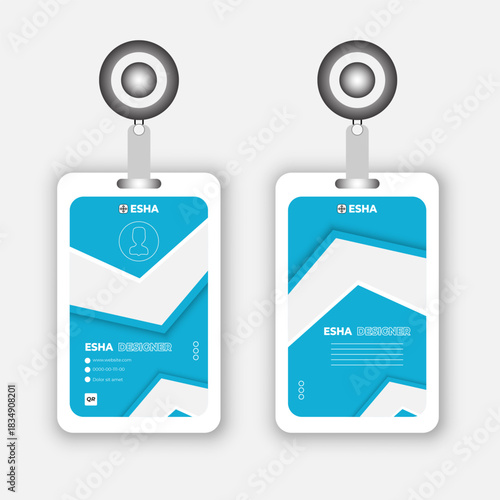 id card template with clasp and lanyard. Blue and white color mock up set. Modern colorful icon collection. Employee ID. Simple realistic design.