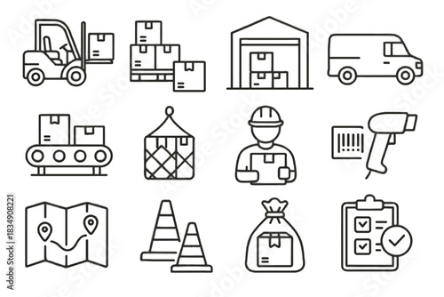 Logistics van parcel delivery warehouse bag cargo icons vector dock worker icon
