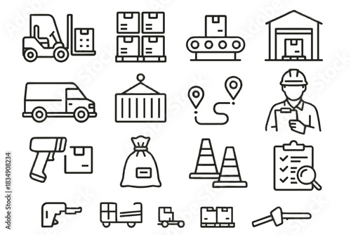 Icons clipboard belt vector conveyor pallets barcode icon warehouse forklift operations van