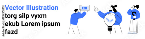 Group sharing ideas, pointing at concepts, and showcasing video content on a tablet. Ideal for teamwork, creativity, content creation, brainstorming, marketing strategy, education simple landing