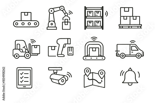 Bell alert sensors warehouse shelving pallet icon vector camera barcode system forklift