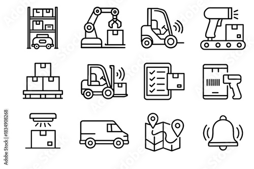 Warehouse tablet icon route shelving set vector conveyor notification forklift arm bell