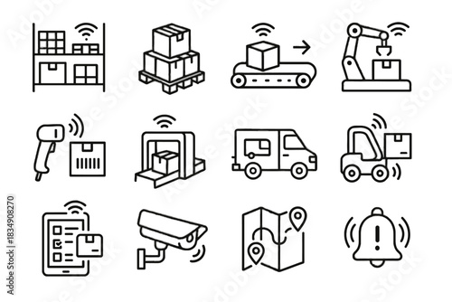 Route icons notification shelving scanner icon inventory delivery vector stack warehouse automated