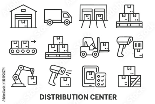 Vector icon center route warehouse pallets icons trucks tablet distribution package loading