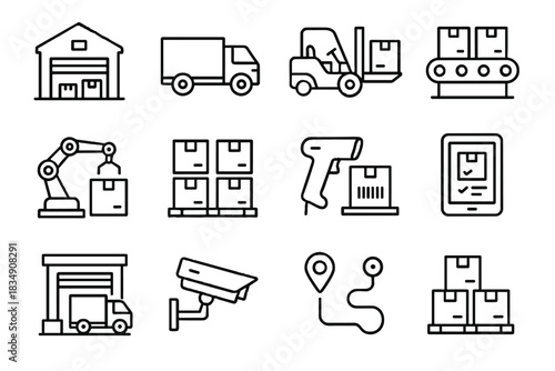 Forklift vector set package robotic warehouse barcode dock icon belts map