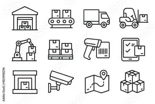 Warehouse vector icon camera security belts dock set forklift barcode package tablet