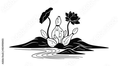 Serene water lilies bloom amidst stylized reeds and gentle waves, evoking tranquility and natural beauty.