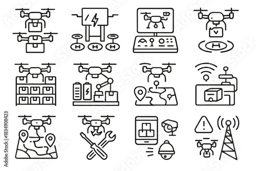 Station drone delivery signal system maintenance package camera vector icon swap battery