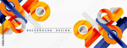 Abstract design features vibrant orange, blue ribbons. White background provides clean contrast, modern aesthetic. Simple text overlay present.