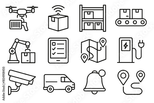 Van scanner inventory modern drone warehouse station icon markers arm vector waypoint