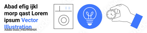 Sustainable practices, appliance efficiency, time management, energy conservation, utility usage, workflow balance. Washing machine, light bulb symbol and hand holding stopwatch illustrated. Energy