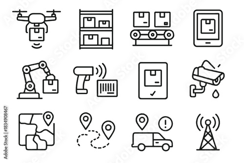 Connected robotic alert vector camera markers delivery drone warehouse icon sensor station