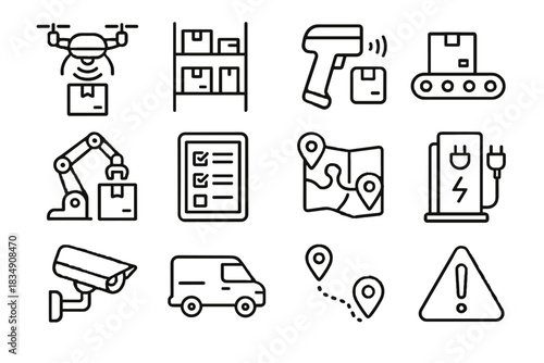 Automated shelves delivery vector inventory package belt icon notification security robotic markers