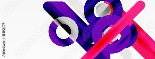 Abstract geometric shapes overlap, creating vibrant purple, white, pink composition. Modern design elements suggest dynamic movement.