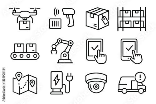 Digital icon warehouse vector tag alert van inventory charging shelves camera route