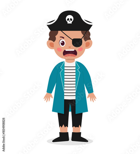 A cartoon boy dressed as a pirate with a blue coat and black eye patch.