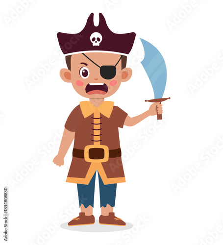 A cartoon boy dressed as a pirate with a sword and eye patch.
