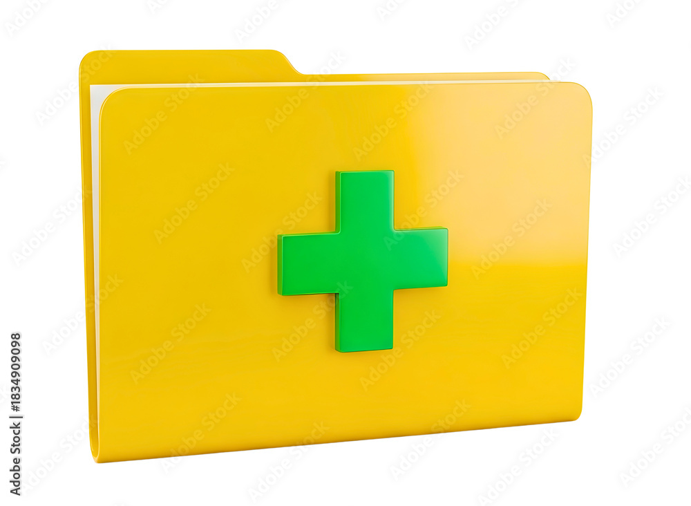 Obraz premium Yellow file folder icon with green medical cross representing health data and medical records isolated on transparent background