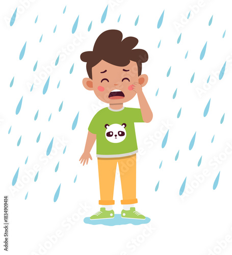 A cartoon boy with brown hair and a green shirt stands in the rain with a pained expression.