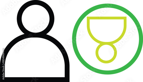 Silhouette of a person next to a green oval with a medal