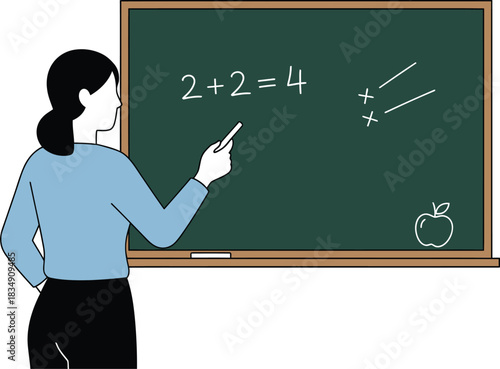 Enthusiastic teacher at chalkboard inspiring students with simple math equations