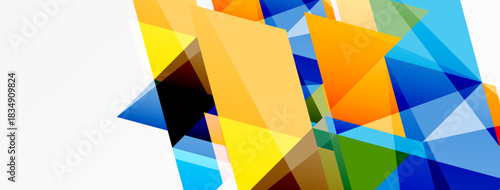 Abstract geometric shapes overlap. Bright colors create dynamic composition. Modern design, clean lines, vibrant aesthetic.