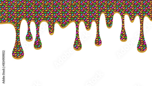 Hot chocolate drip illustration. Melting chocolate  on white background. Drippy ice cream with sprinkles  vector design. Choco and sprinkles melt border. Brown chocolate drips illustration.