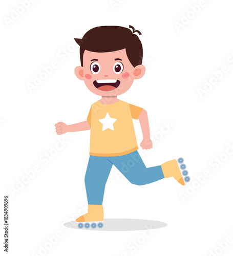 A cartoon boy wearing roller skates and a yellow shirt with a white star is running on a white background.