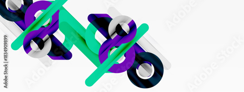 Abstract geometric shapes overlap, creating dynamic composition. Bright colors contrast against white background. Modern design elements present.