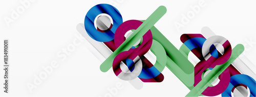 Abstract design features colorful overlapping lines, curves, shapes. Modern composition with vibrant hues, dynamic flow.