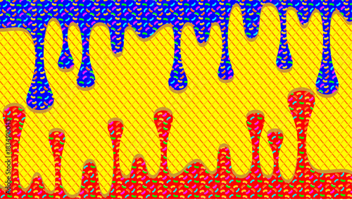 Ice cream drip illustration. Dripping ice cream with colorful sprinkle. Ice cream drips on waffle background. Wavy ice cream drips illustration. Vector of caramel dripped.