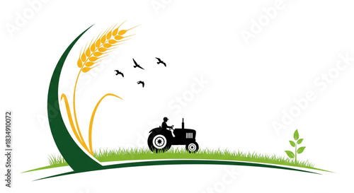 Farmer Driving Tractor in Golden Wheat Field Harvest Agriculture Design Element