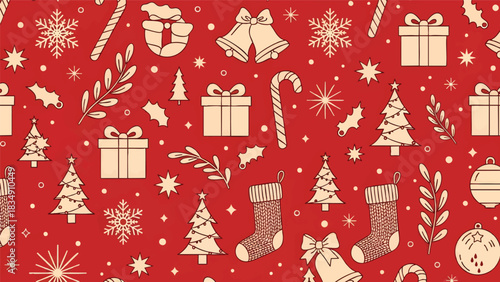 Seamless Christmas pattern with vintage-style holiday icons like gifts, trees, and stockings on a red background.