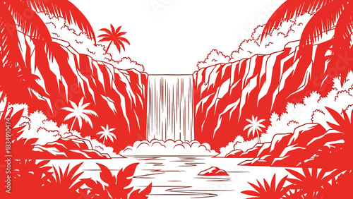 Vibrant Red Jungle Waterfall Landscape Illustration.