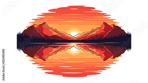 Vibrant Sunset Over Mountain Lake Reflection.