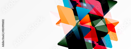 Abstract geometric shapes overlap, creating vibrant colorful composition. White space dominates left side. Modern design elements present.