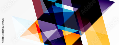 Abstract geometric shapes overlap, creating dynamic composition. Colors include blue, orange, purple, white, black. Modern design.