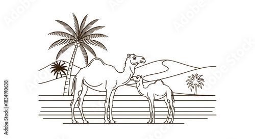 Desert Oasis Camel Family Illustration for Travel Brochures Wildlife Education and Tourism Branding