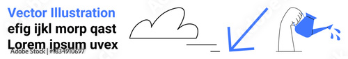 Cloud computing, environmental awareness, digital flow, data transfer, sustainability ideas, conceptual design. A cloud, downward arrow and a hand pouring water. Cloud computing and environmental
