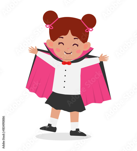A smiling cartoon girl wearing a pink cape and a white shirt with a red bow tie.