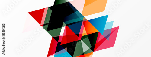 Abstract geometric shapes overlap, creating colorful composition. Triangles dominate design, with varied hues, transparency. Minimalist style.