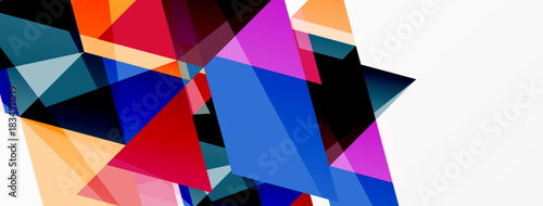 Abstract geometric shapes overlap, creating vibrant color blocks. Composition features triangles, rectangles, dynamic interplay.