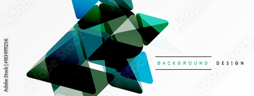 Abstract geometric shapes overlap, creating dynamic composition. Blue, green hues dominate white space. Modern design element.