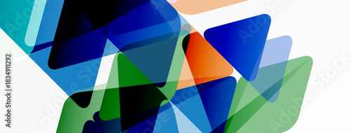 Abstract geometric shapes overlap, creating vibrant color blends. Blue, green, orange hues dominate composition. Modern design elements present.