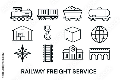 Container compass rose railway freight locomotive storage vector crane icon global icons