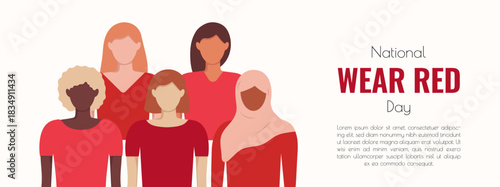 National Wear Red Day on February banner template with copy space. Diversity Women are wearing red clothes. Awareness day of heart disease prevention. Vector illustration in flat style for web info